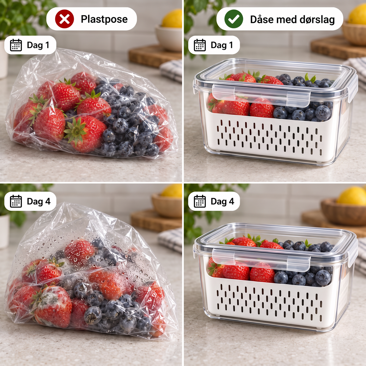 Bær i plastikpose og i boks med dørslag, dag 1 og dag 4