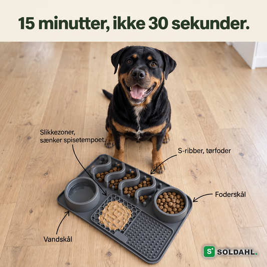 15 minutter, ikke 30 sekunder. Zonerne i slow feeder-skålen: vandskål, S-rygge, slikkezoner, foderskål