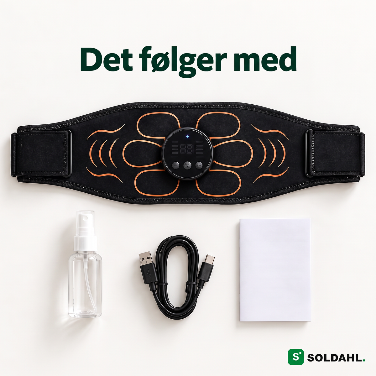 Det medfølger: mavebælte, kontrol, sprayflaske, USB-C-kabel og manual