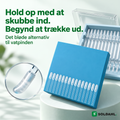 Soldahl Ørerenser, en æske med klæbende silikonepinde på en sokkel med teksten Stop med at skubbe ind, begynd at trække ud