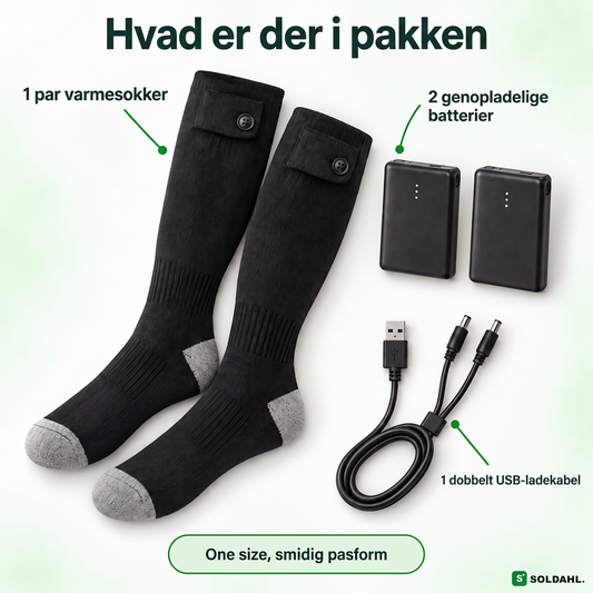 Det følger med: varmestrømper, to batterier og dobbelt USB-opladerkabel