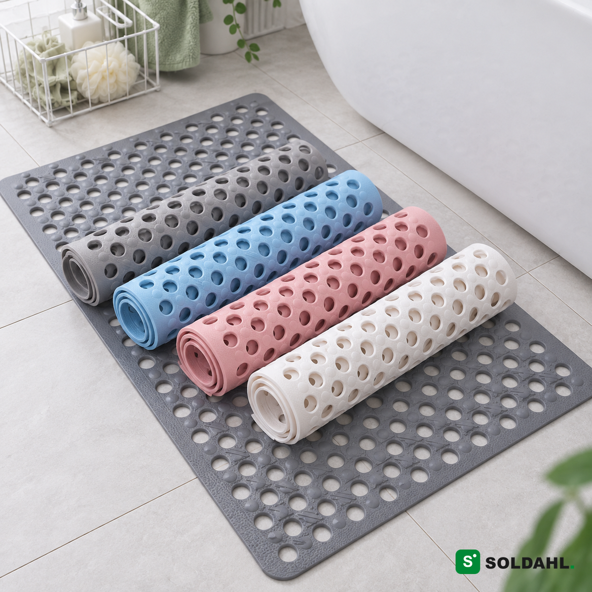 Brusemåtten i farverne grå, blå, rosa og hvid