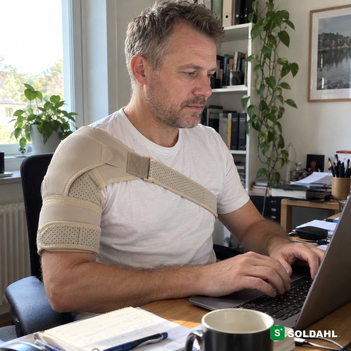 Mand med Soldahl Axello skulderstøtte ved laptop