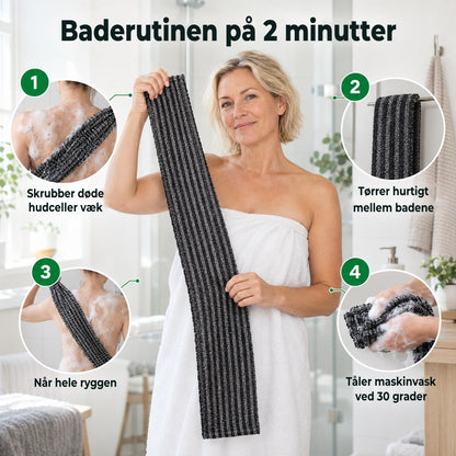 Kvinde i badekåbe holder det lange skrubbehåndklæde, fire fordele rundt om
