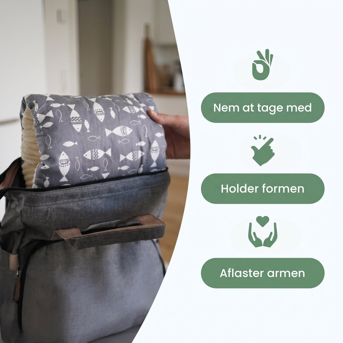 Armpuden kan være i pusletasken og holder formen
