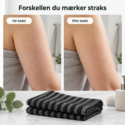 Overarm før og efter badet med skrubbehåndklædet, tør hud mod glat hud
