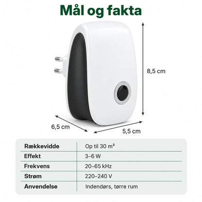 Tystvakt mål og fakta: 8,5 x 5,5 x 6,5 cm, 30 m², 3 til 6 W