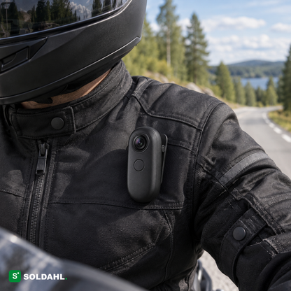 Soldahl Fånga på motorcykelturen, klippet fast på jakken