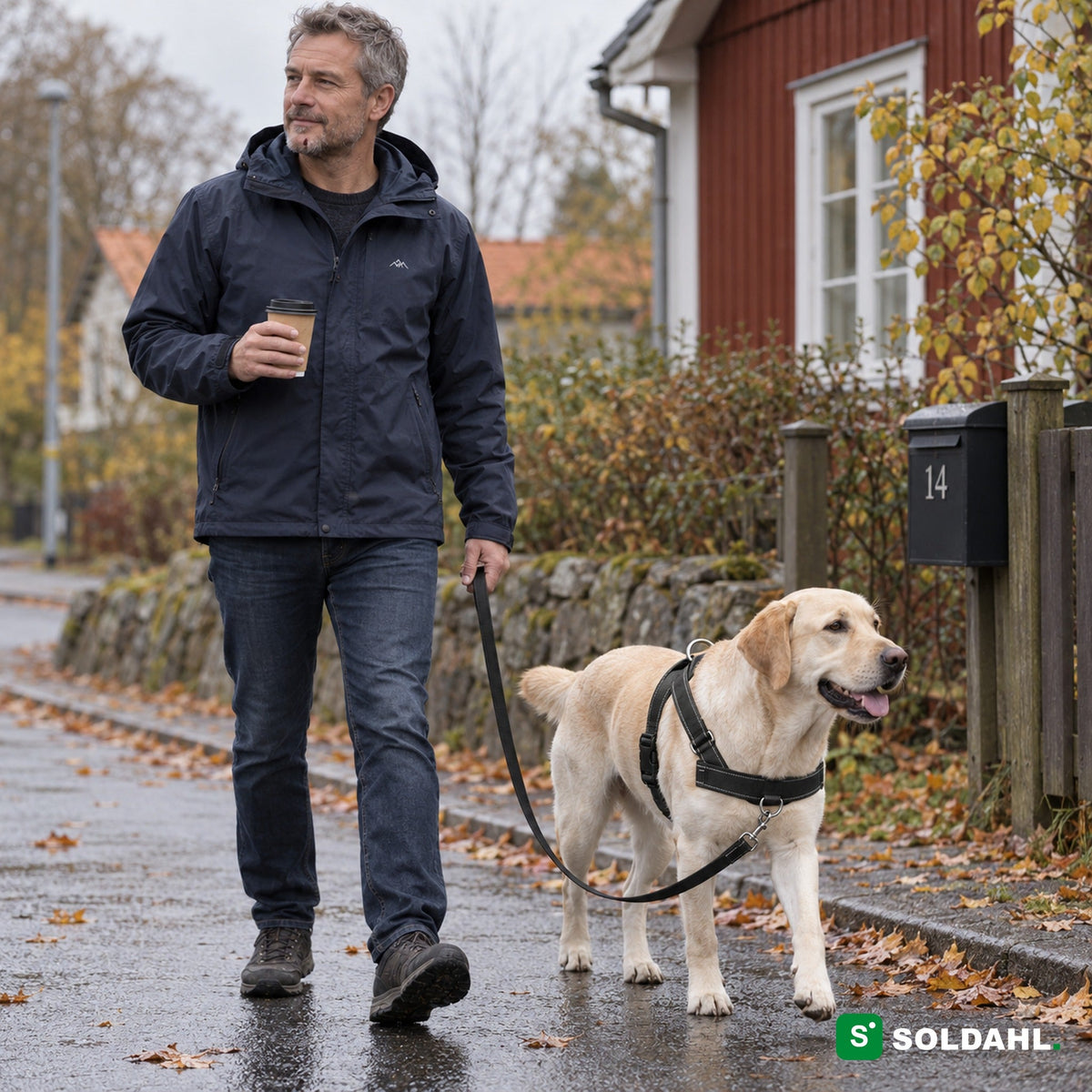 Mand går tur med gul labrador i sort antitræksele med løs snor på en villavej om efteråret
