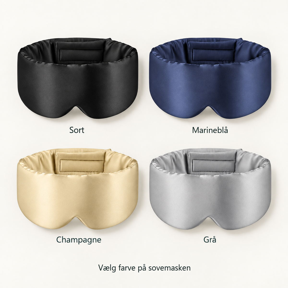 Sovemasken i fire farver: sort, marineblå, champagne og grå