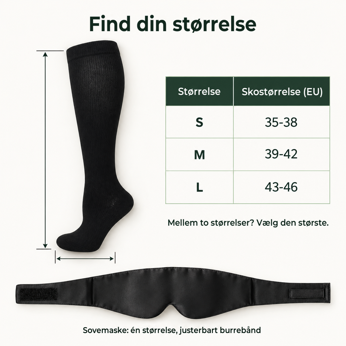 Størrelsesguide til støttestrømperne S, M og L efter skostørrelse