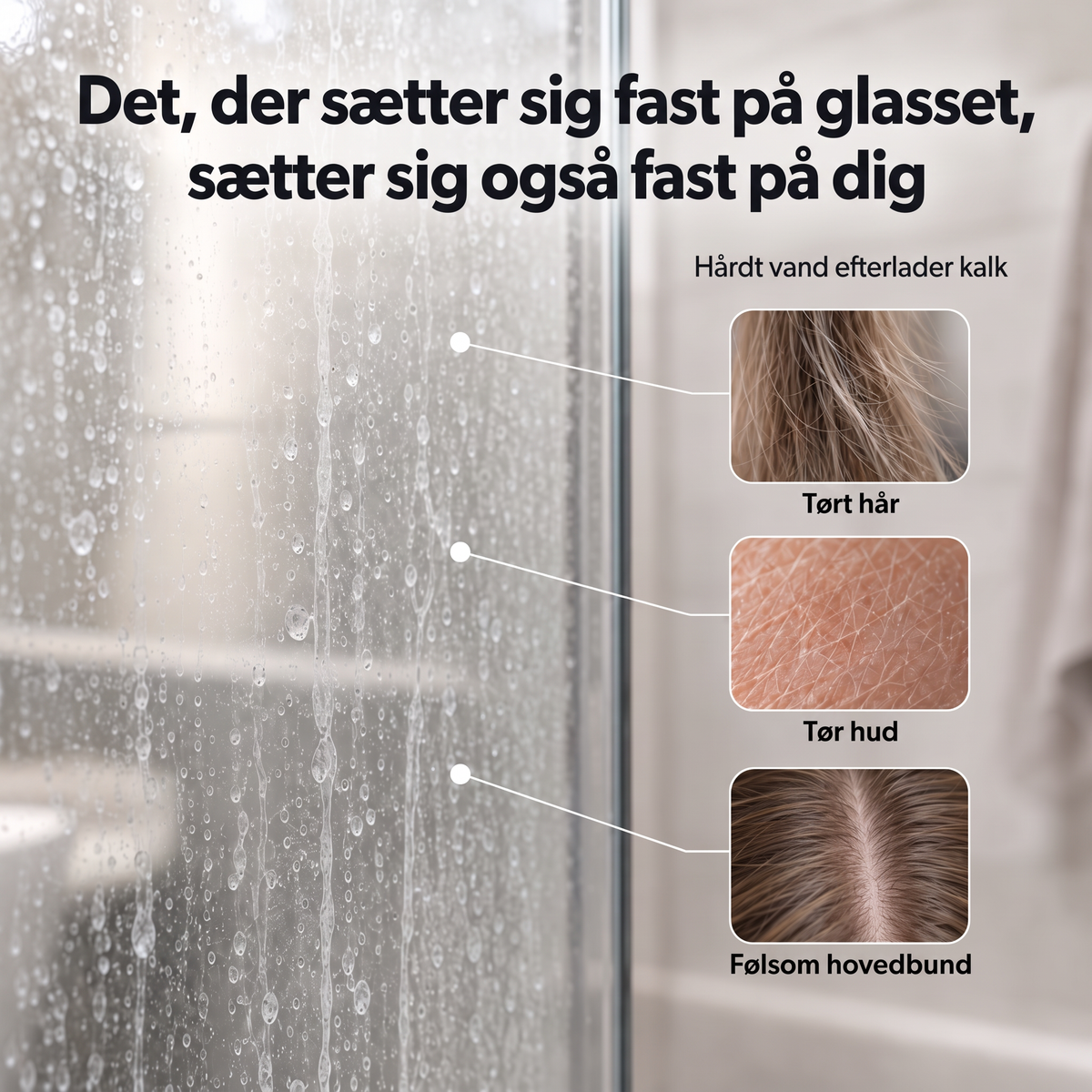 Kalkpletter på brusevæg, hårdt vand efterlader kalk