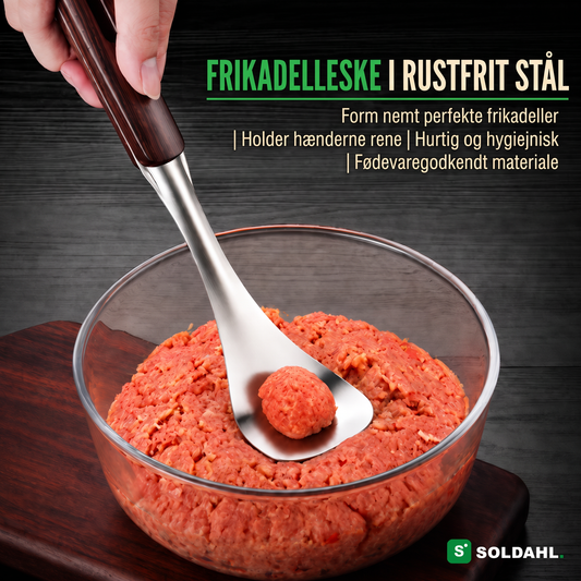 Soldahl Bullen frikadelleske i rustfrit stål løfter en jævn frikadelle