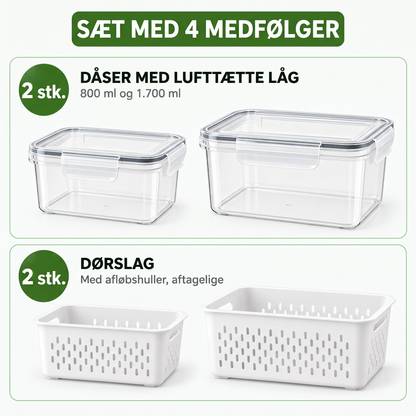 Sæt med 4 indeholder: 2 bokse med lufttætte låg og 2 dørslag
