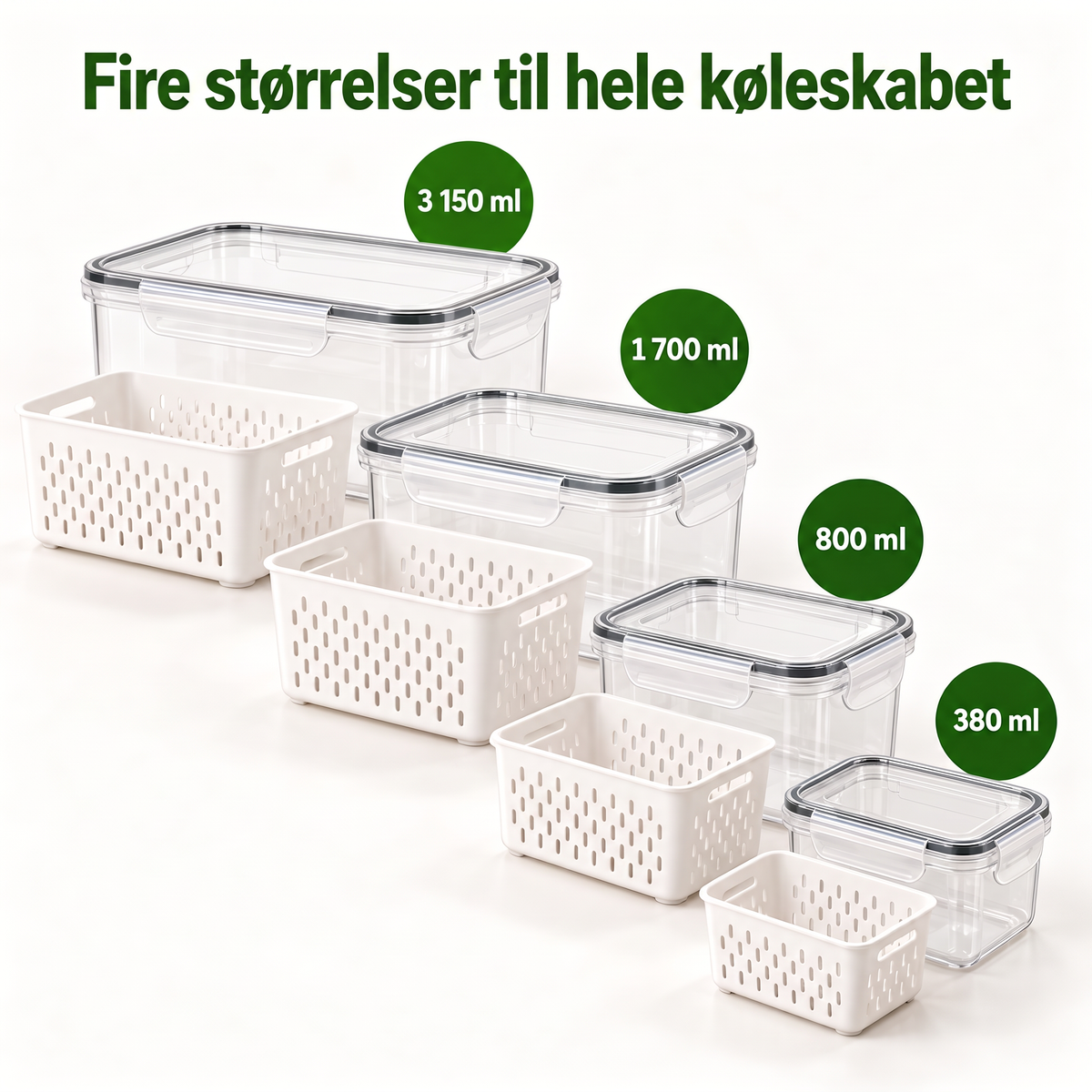 Bokse med dørslag i fire størrelser: 380, 800, 1.700 og 3.150 ml (sæt med 8)