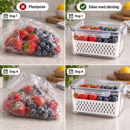 Bær i plastikpose og i boks med dørslag, dag 1 og dag 4