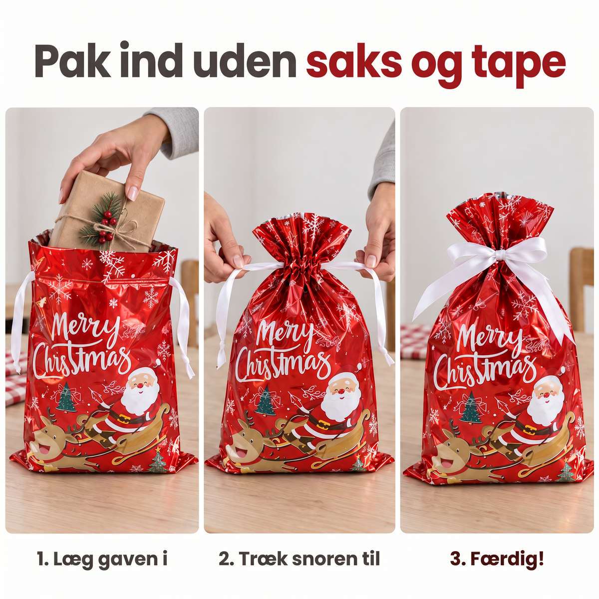 Læg gaven i, træk snoren til, færdig uden saks og tape