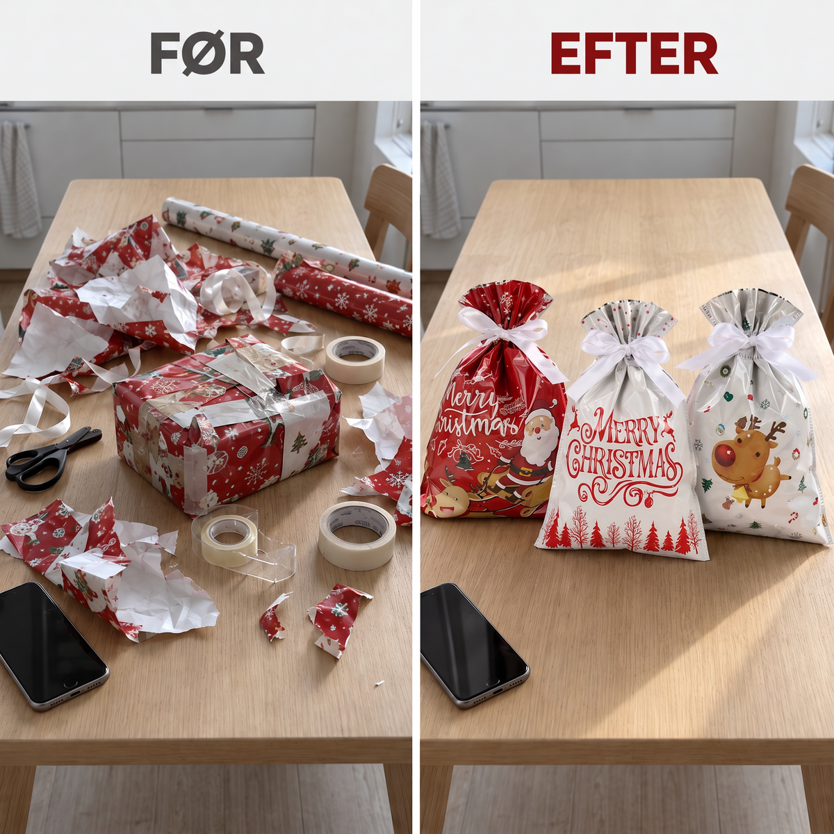 Før med papir og tape, efter med julegaveposer