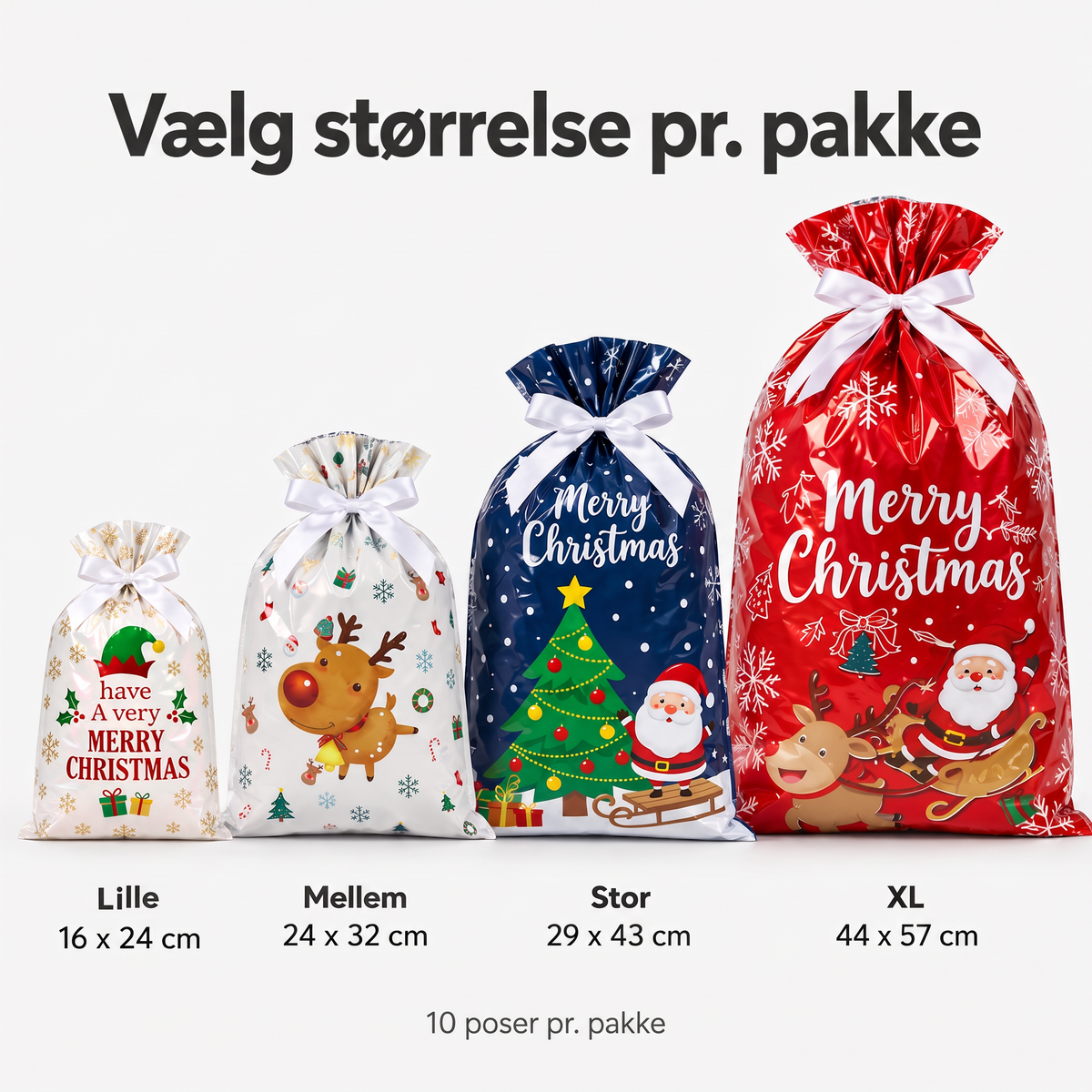 Størrelser lille 16x24, mellem 24x32, stor 29x43 og XL 44x57 cm