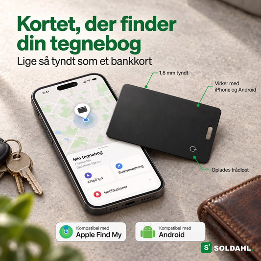 Sort sporingskort i bankkortformat ved siden af en telefon, der viser pungens placering på kortet