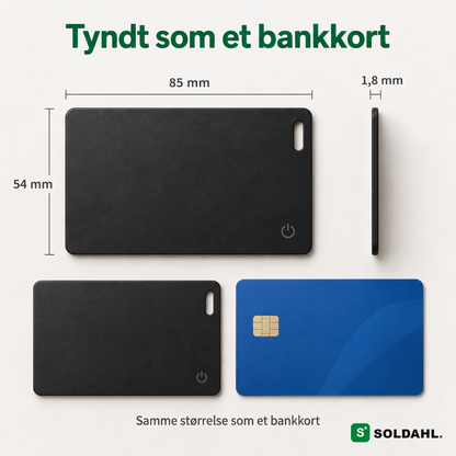 Målbillede 85 x 54 x 1,8 mm, der viser, at sporingskortet er lige så stort som et bankkort