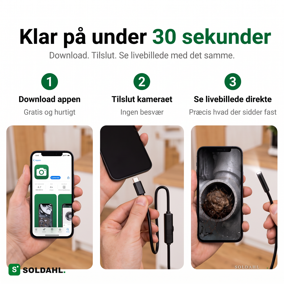 Klar på under 30 sekunder, download appen, tilslut kameraet