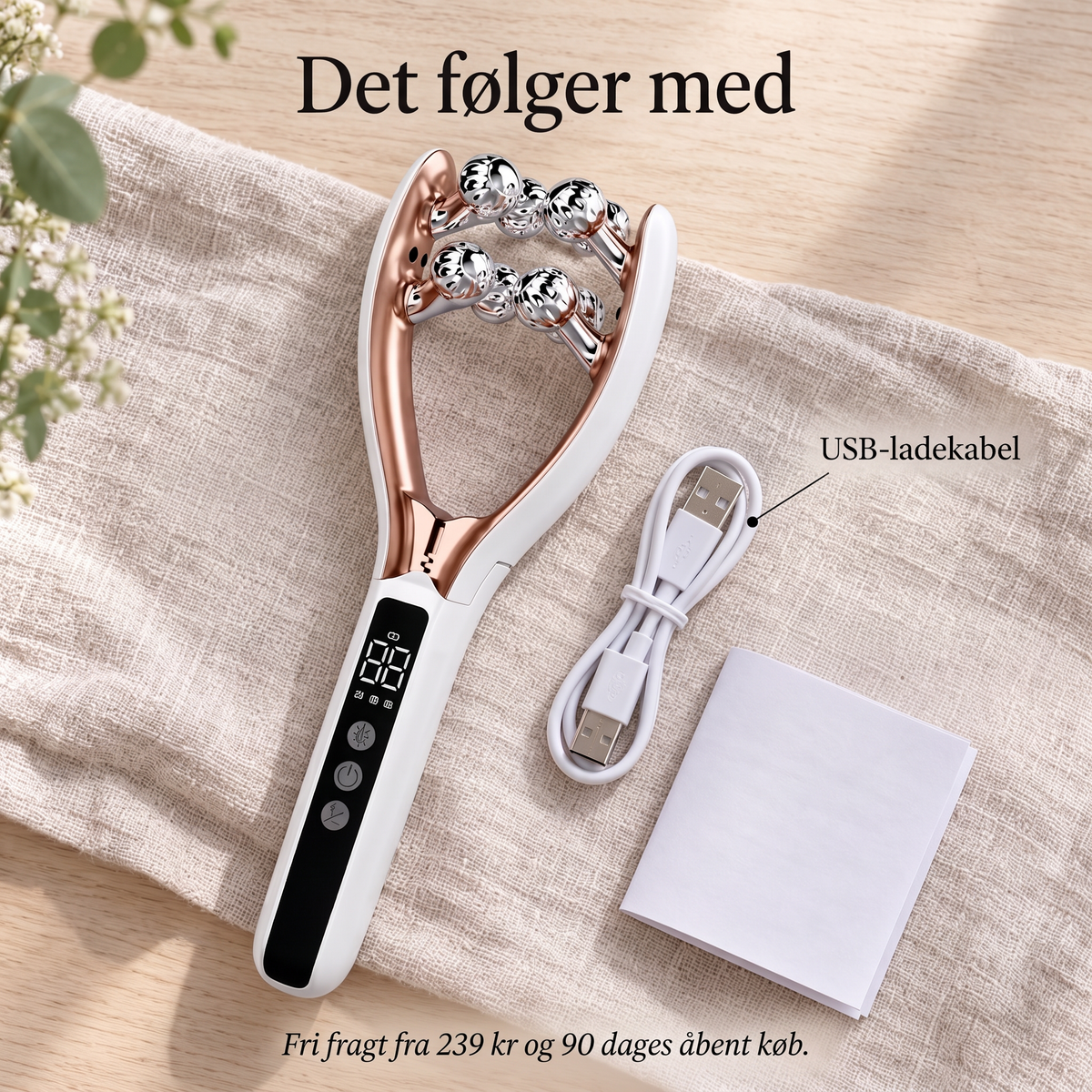 Kæbero ansigtsroller med USB-opladerkabel og brugsanvisning på linnedstof