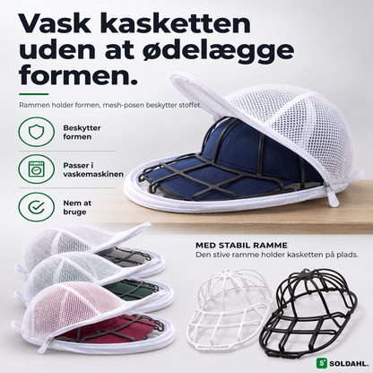 Kepsform vaskeramme med marineblå kasket i mesh-pose, vask kasketten uden at ødelægge formen