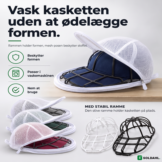 Kepsform vaskeramme med marineblå kasket i mesh-pose, vask kasketten uden at ødelægge formen