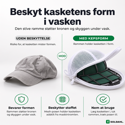 Kepsform sammenligning: kasket uden beskyttelse mod kasket i stiv ramme med mesh-pose