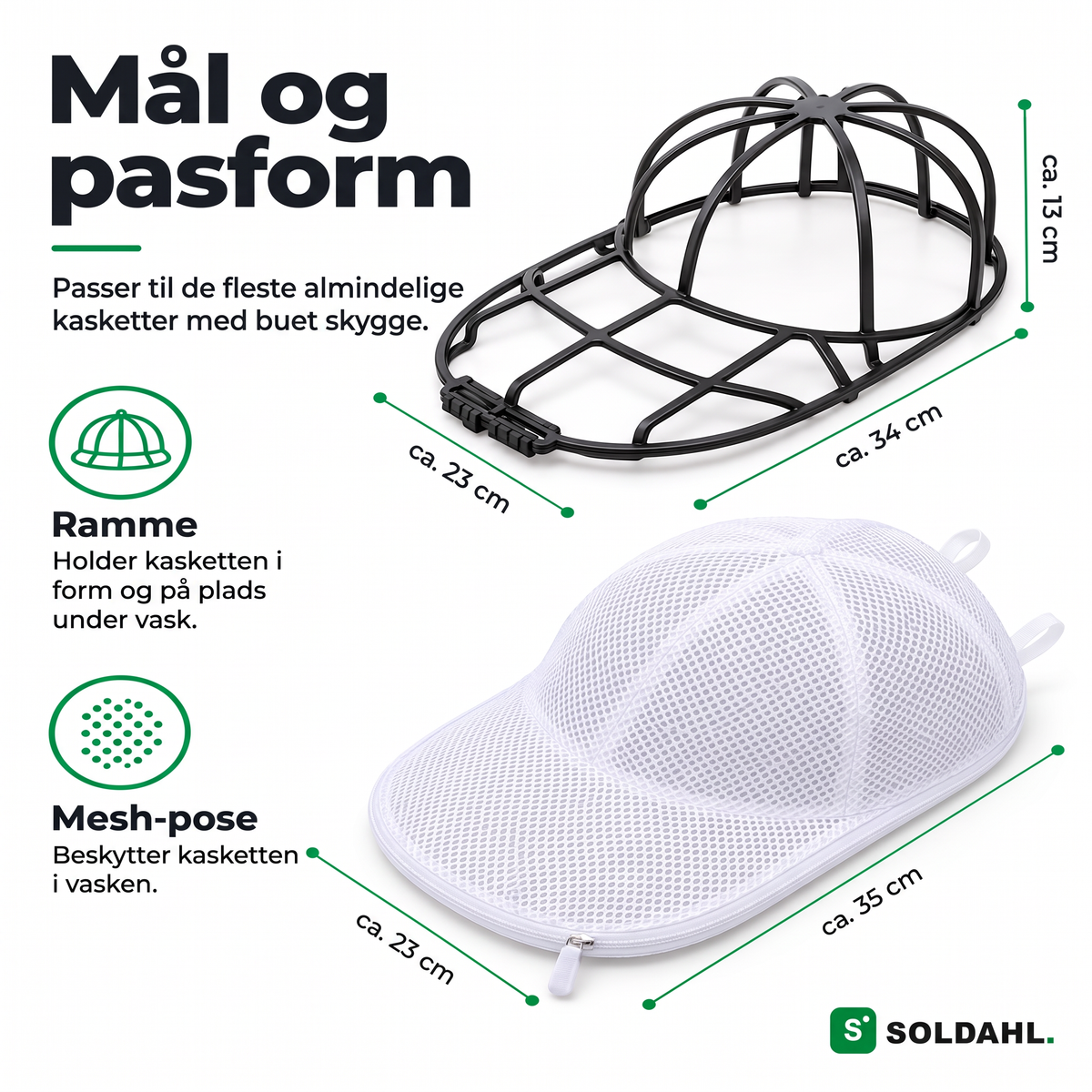 Mål og pasform: ramme ca. 34 x 23 x 13 cm og mesh-pose ca. 35 x 23 cm