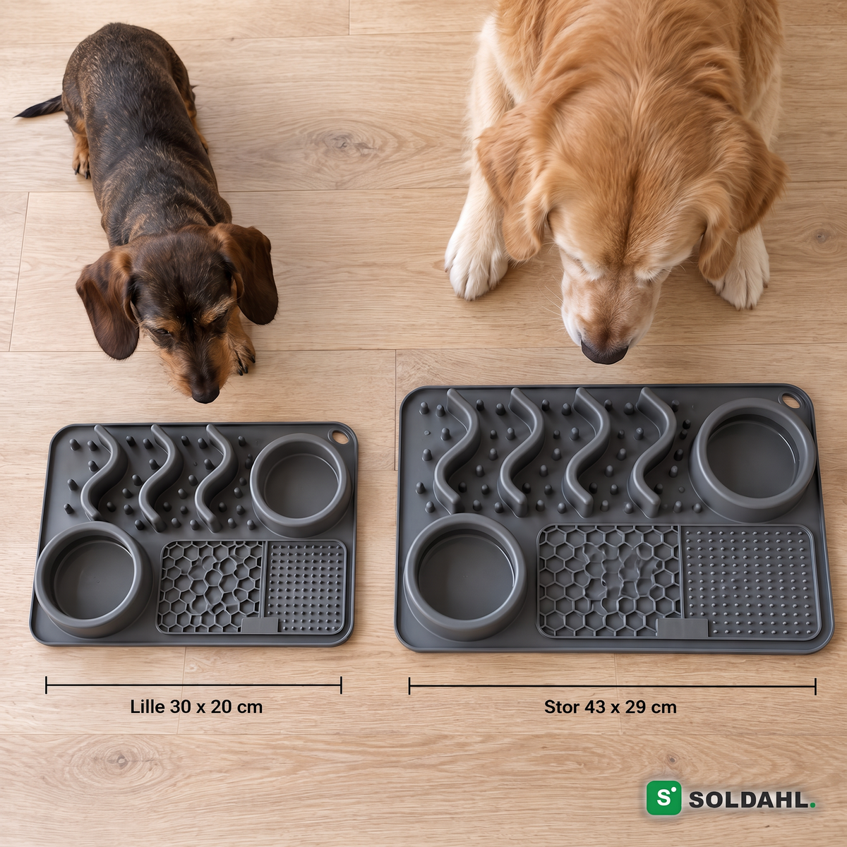 Størrelsesguide: Lille 30 x 20 cm og Stor 43 x 29 cm, gravhund og golden retriever