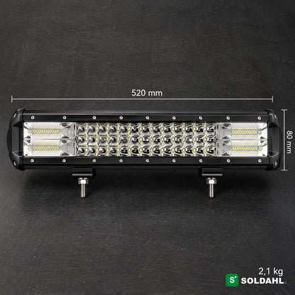 Mål på LED-lysbaren: 520 mm lang, 80 mm høj og 2,1 kg