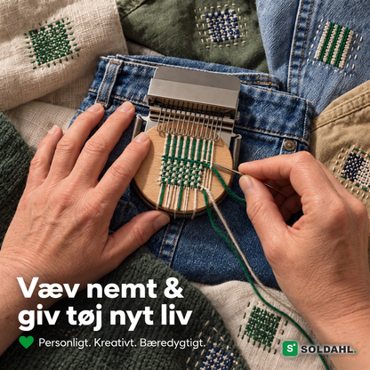 Reparerede yndlingstøj i denim og hør med minivævrammen