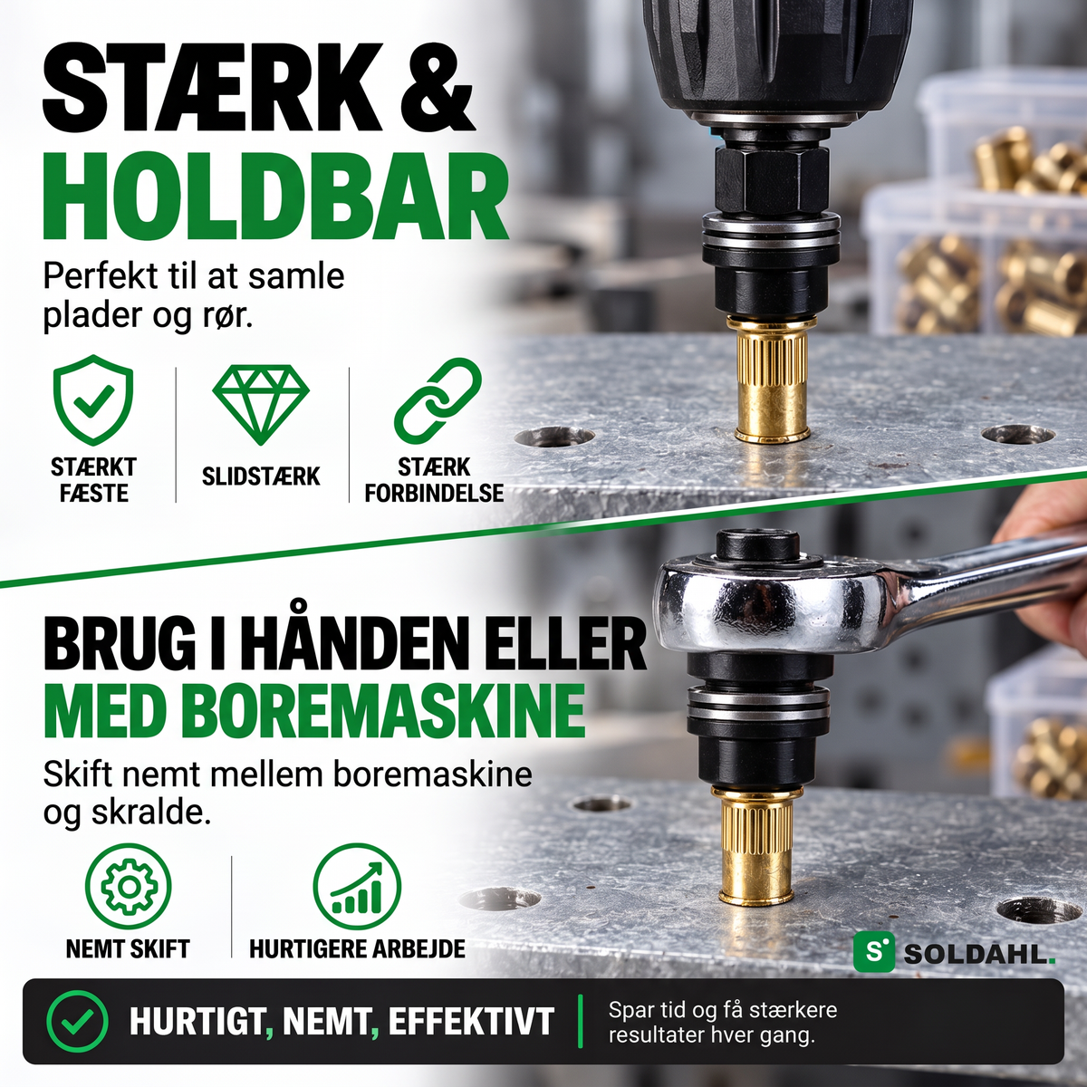 Nitfast adapter sætter en nitmøtrik i plade, kør i hånden med skralde eller med boremaskine