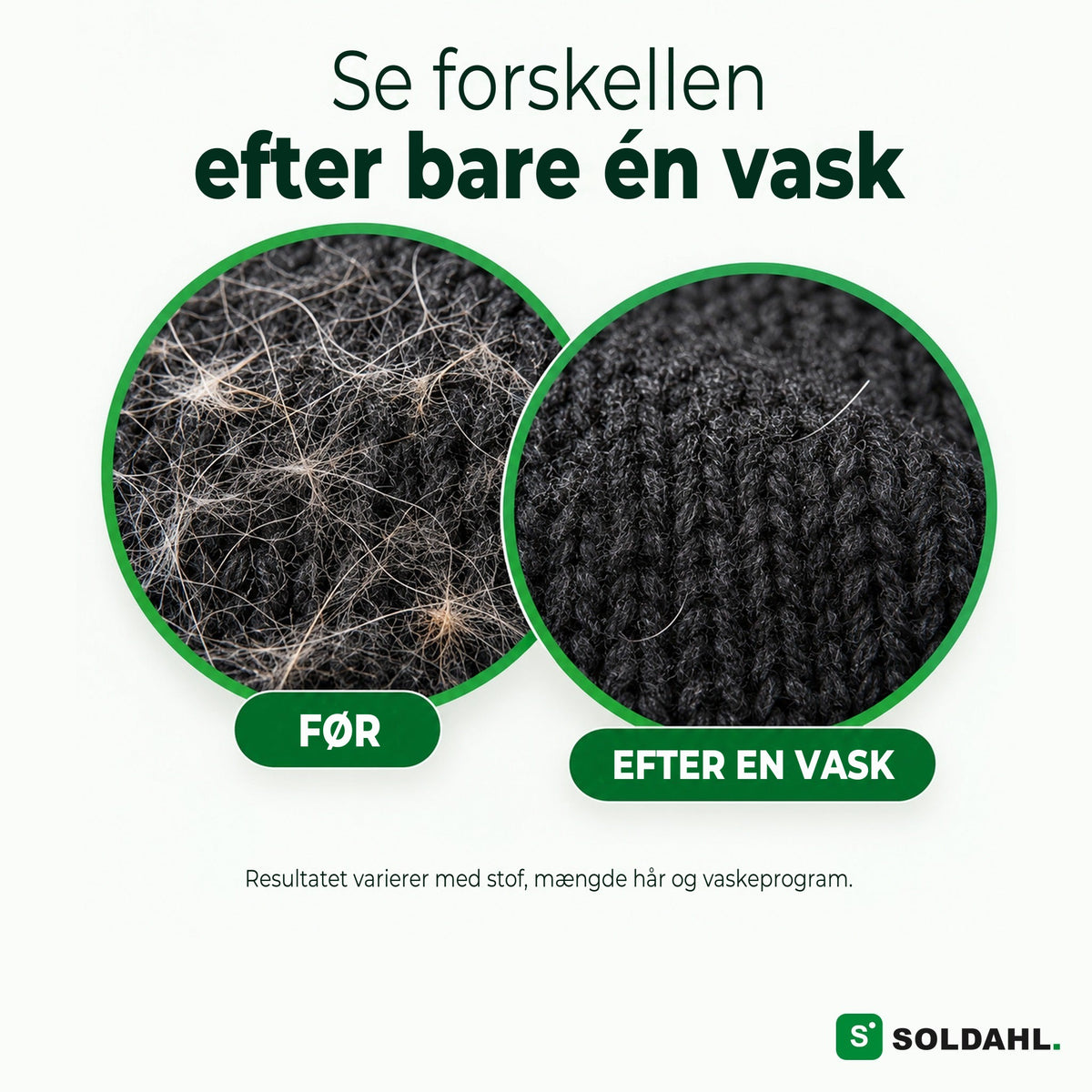 Mørk trøje før og efter en vask med Pelsfri, meget mindre dyrehår