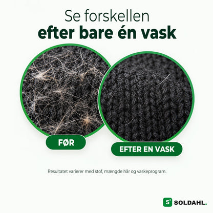 Mørk trøje før og efter en vask med Pelsfri, meget mindre dyrehår