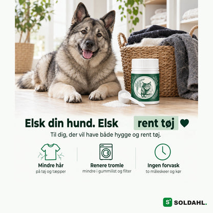 Hund ved siden af vasketøjskurv og Pelsfri, elsk din hund og rent vasketøj