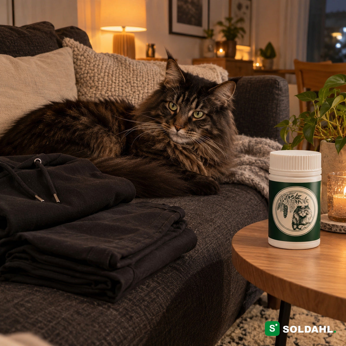 Langhåret kat i sofaen ved siden af rent sort tøj uden hår