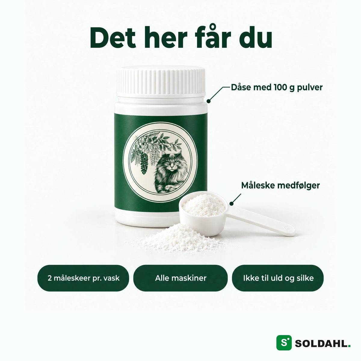Det her får du: dåse med 100 g pulver og måleske