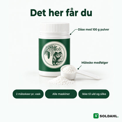Det her får du: dåse med 100 g pulver og måleske