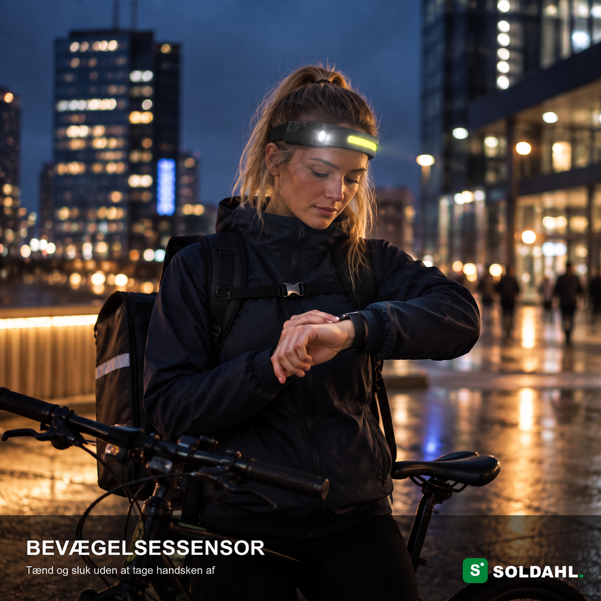 Cyklist i byen om aftenen med Vidsyn, bevægelsessensoren tænder uden at tage handsken af