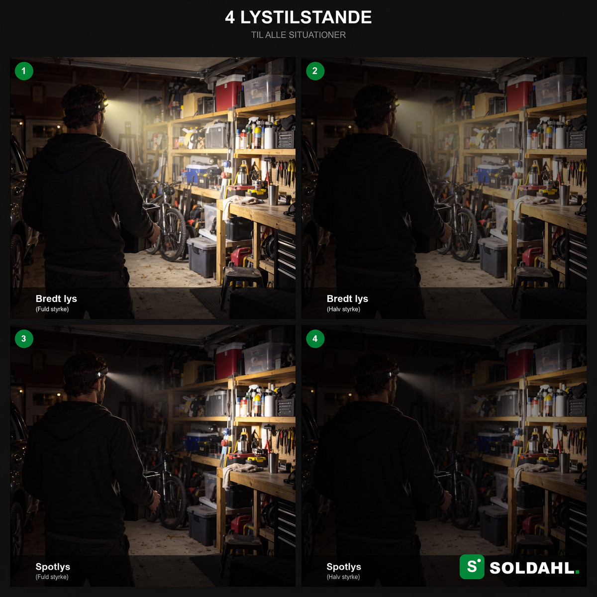 Fire lystilstande på Vidsyn: bredt og smalt lys i fuld og halv styrke