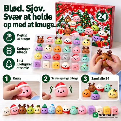 Børnehænder klemmer en blød rensdyrfigur, der springer tilbage, tre trin