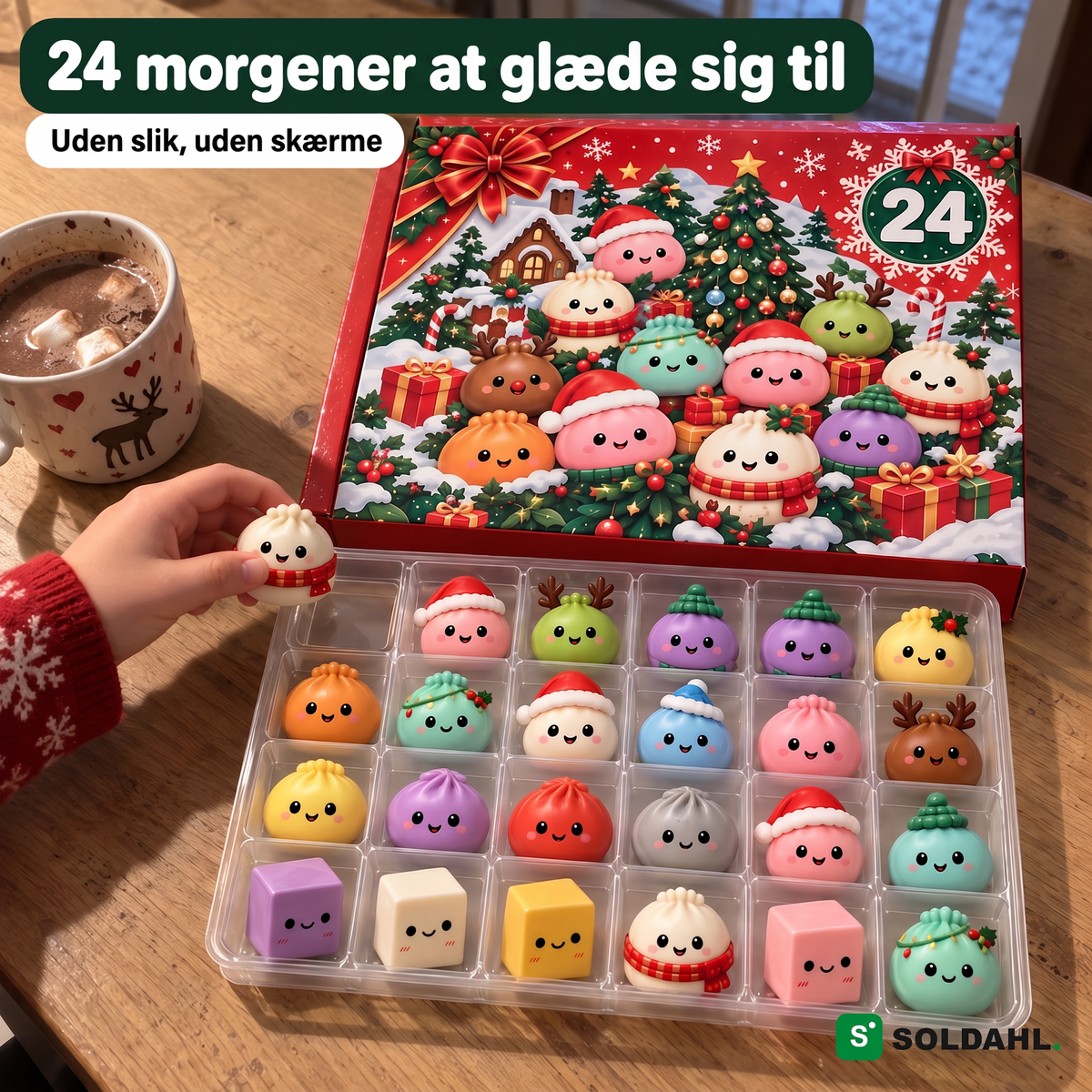 Børnehånd tager dagens figur fra bakken ved morgenbordet en decembermorgen
