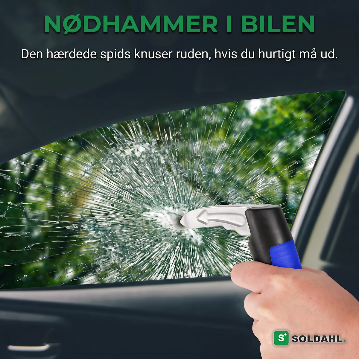 Nødhammer i bilen, hærdet spids knuser ruden
