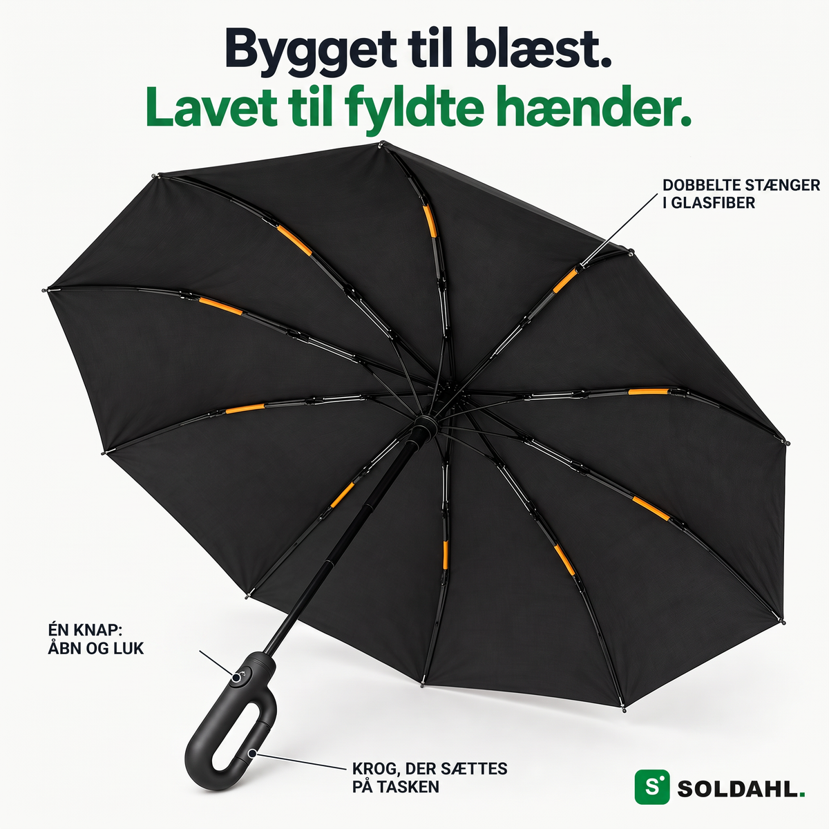 Opslået Stormparaply set nedefra med dobbelte glasfiberribber, knap og krog i håndtaget