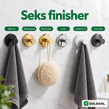 Kvarsitt i seks finisher: mat sort, børstet guld, blankt guld, krom, arktisk hvid og gunmetal