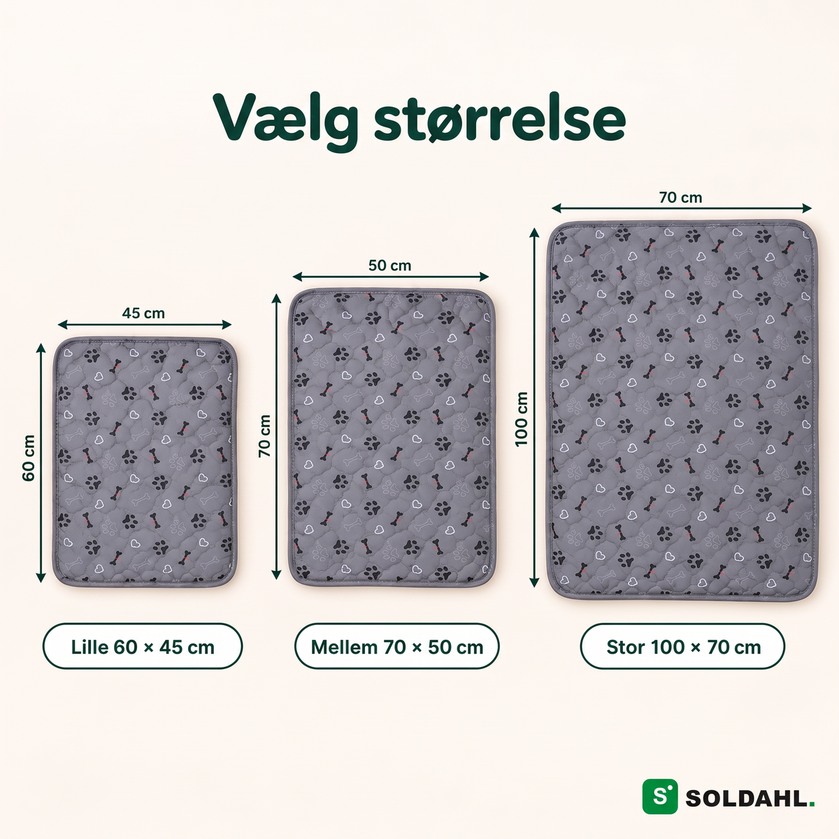 Størrelsesguide til hvalpemåtten: Lille 60 × 45 cm, Mellem 70 × 50 cm og Stor 100 × 70 cm