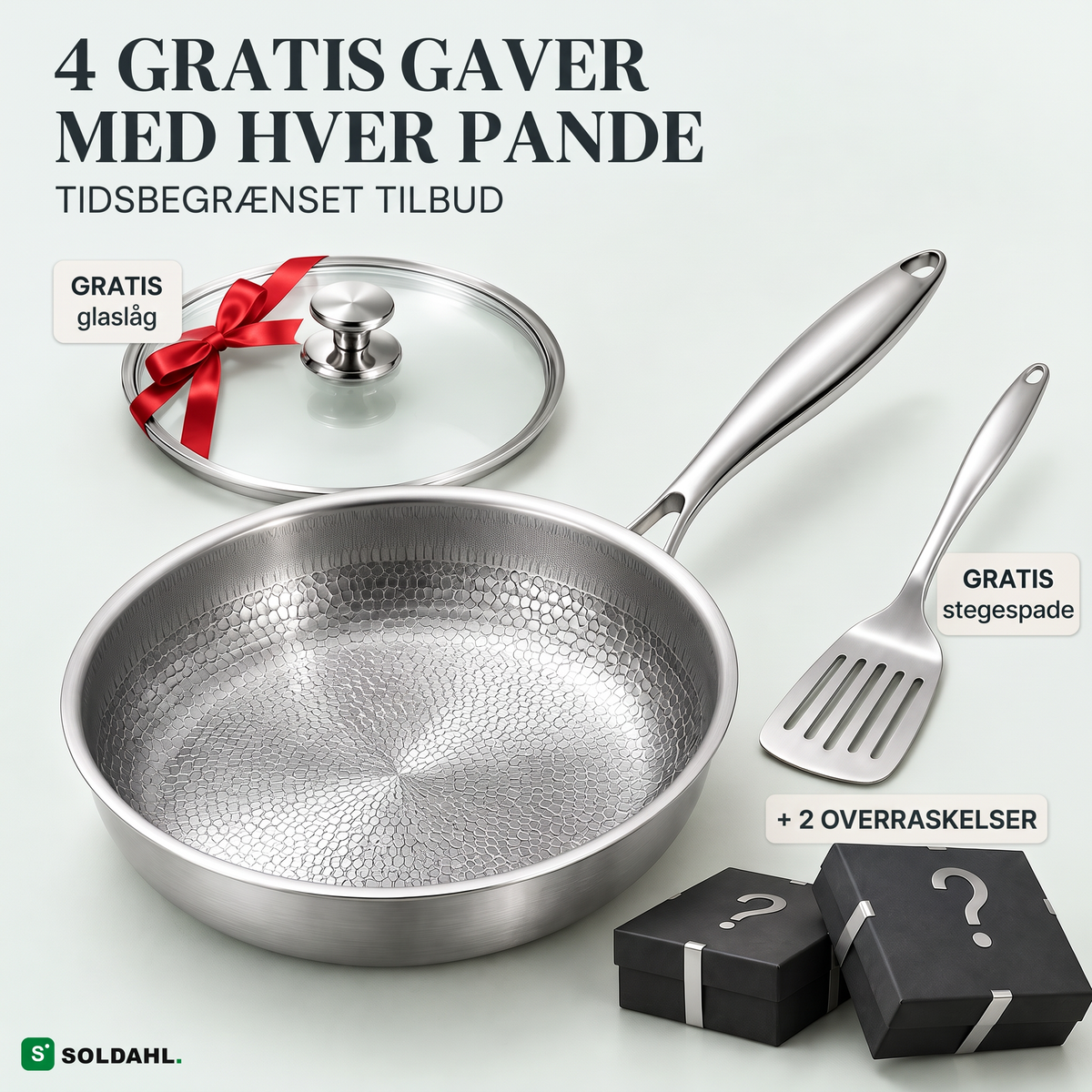 Soldahl Stekro stegepande i titanium med poleret stålhåndtag, glaslåg med rødt bånd, stegespade og to gaveæsker, gratis gaver med hver pande